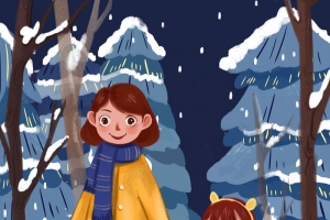 冬至手绘冬天下雪母女背景图元素图