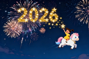 2026新年 烟花 天空 飞马 小女孩4k壁纸