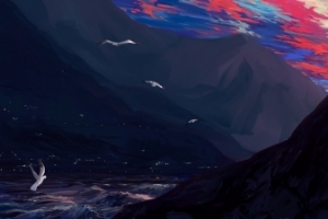 女孩男孩海边风景5760x1080三屏动漫电脑壁纸