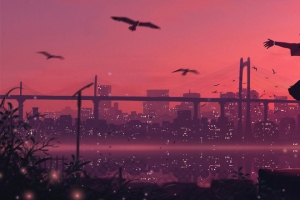 黄昏 少女背影 眺望 城市 3440x1440带鱼屏动漫壁纸