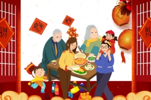 年夜饭祥云鞭炮灯笼福纸手绘人物