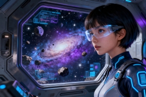 太空舱 女孩 短发美女 科幻 星空 赛博朋克4k壁纸