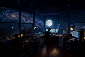 夜晚星空下工作室一个人电脑台灯暗色系4K高清动漫壁纸3840x2160免费下载