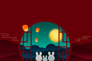 中秋背景灯笼兔子月亮房屋