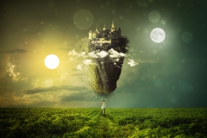 太阳 月球 景观 神秘 云 天空 影子 自然奇观 一天 夜 女孩 城堡 创意 艺术 5K设计图片