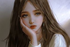 一手托腮的女孩 长发 高清 平板 壁纸