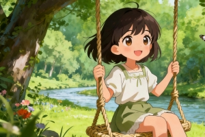 小女孩微笑地坐在挂藤上3440x1440带鱼屏壁纸动漫