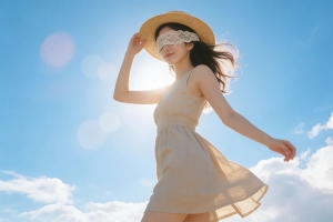 阳光美女 帽子 蒙眼 蓝色天空白云 4k壁纸