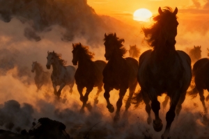 美丽的黄昏 十只奔跑的骏马3440x1440带鱼屏壁纸