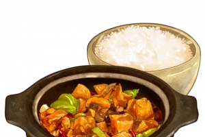 手绘黄焖鸡米饭鸡肉米饭砂锅