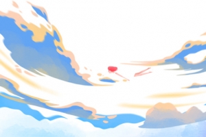 手绘插画风云彩里的女孩