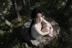 森林 坐在石头上的美女 宋玉4K电脑壁纸