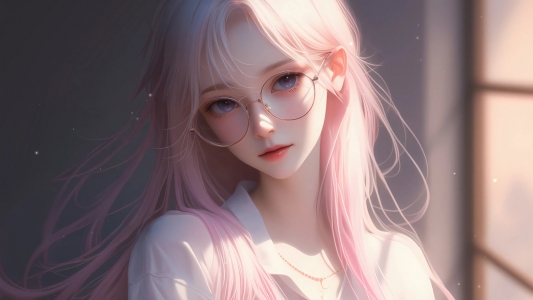 动漫美少女 戴眼镜 粉色长头发 4k壁纸