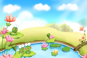 手绘幼儿园插画池塘青蛙蓝天背景
