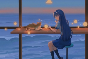 女孩 女学生 猫 光 火花 黄昏 动漫 4k壁纸 3840x2160