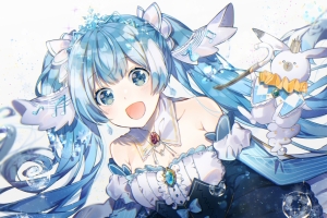 初音蓝眼睛蓝发蝴蝶结连衣裙4k壁纸