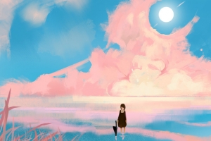 粉色晚霞等待的少女插画