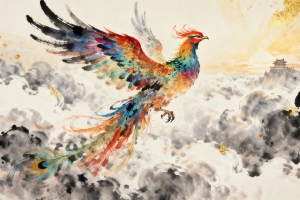 凤凰飞上九重天 天空 云 水墨画 4k壁纸