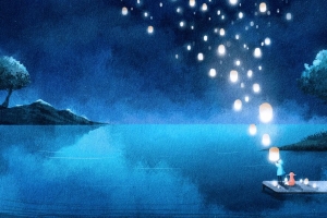 湖 夜 灯笼 剪影 艺术 4k壁纸 3840x2160