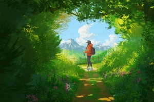 女性 户外 插图绘画 风景 阳光 云朵 山脉 绿色树叶植物 小径 4K高清壁纸