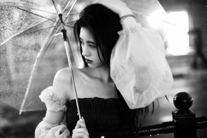 夜雨街道 鞠婧祎 伞 黑白照片 4k美女壁纸