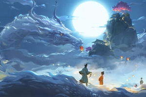 苍龙抱月 神话 国风 龙 孔明灯 新年 4K壁纸 3848x2160