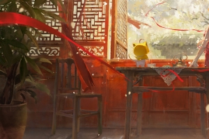国风 女孩 红色裙子 房间 桌子 窗 3440x1440带鱼屏壁纸