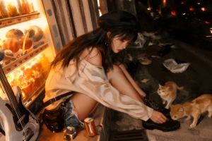 晚上少女与流浪猫戴帽子4K动漫高清壁纸3840x2160免费下载