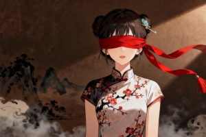 国风 蒙眼美女 旗袍 光影 水墨画4k壁纸3840x2160