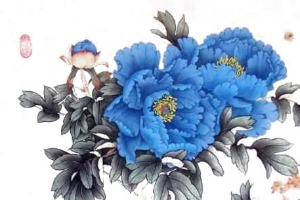 蓝色牡丹水墨画