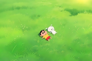 绿草地 蜡笔小新和小白狗4K壁纸