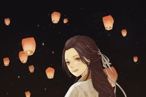 夜晚星空下孔明灯长发女子