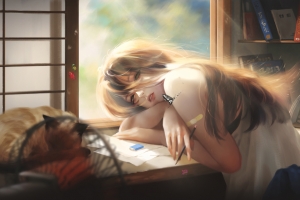 趴在桌子女孩与猫车机横屏4K超清3840x2400全面屏壁纸免费下载