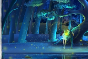 梦幻森林情侣恋人手绘插画3440x1440唯美意境壁纸