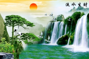 迎客松流水生财电视背景墙图片