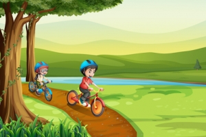 卡通小孩骑车大自然banner