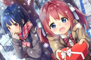两个可爱小女孩,雪人,冬季,雪,树,4k动漫壁纸