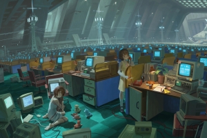 电脑室 两个女生 电脑桌 电话 4K动漫壁纸