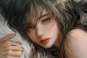 厚涂女孩 手臂 痣 羽毛 唯美动漫平板电脑壁纸
