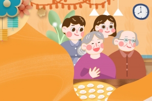 卡通一家人吃饺子背景图