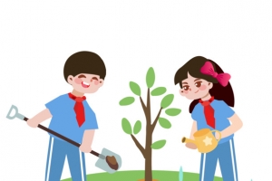 草地合种一棵树浇水卡通人劳动绿地植树节