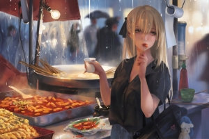 动漫女孩街头吃美食4K壁纸