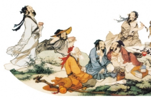 手绘古代诗人饮酒对诗