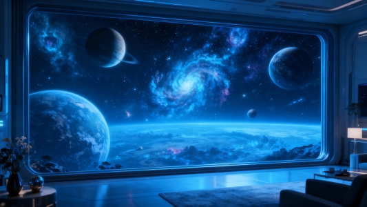 科幻 太空舱 客厅 星空 星球 落地窗 赛博朋克4k电脑壁纸