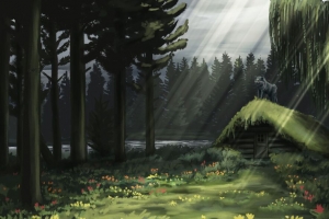 小屋 狼 射线 森林 艺术 4k壁纸 3840x2160