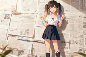 报纸墙 可爱小女孩 双马尾辫 百褶裙 v手势 4k动漫壁纸
