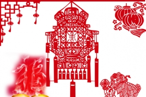 中国风灯笼舞狮剪纸
