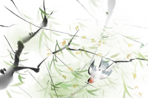 手绘中国风竹叶小鸟