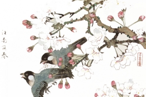 水墨桃花树上 的鸟背景