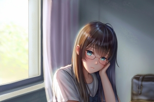 女学生 眼镜 书桌 白色丝袜 水手服全面屏4k手机壁纸动漫美女